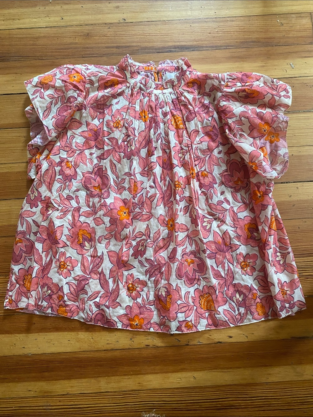 Trovata Pink Floral Puff-Sleeve Dress with Orange Accents